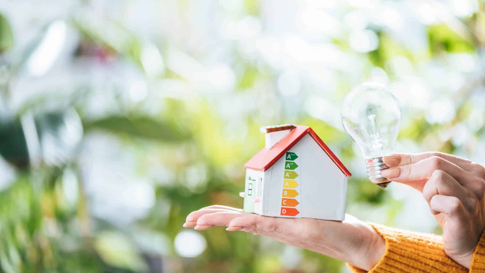 hand holding cartoon home showing energy level of house, a bulb