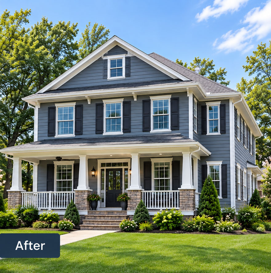 The same home after new blue-grey siding was installed