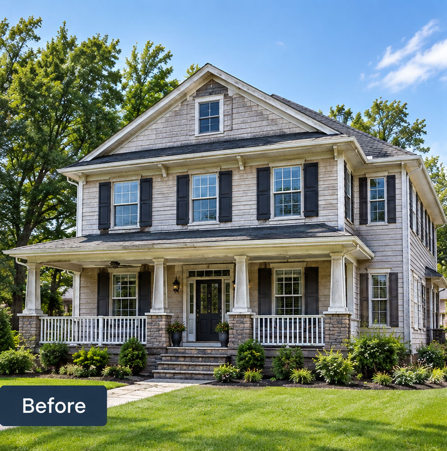 Two-storey home with worn, faded siding before replacement