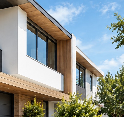 Modern two-storey home finished in white panels and wood-look siding