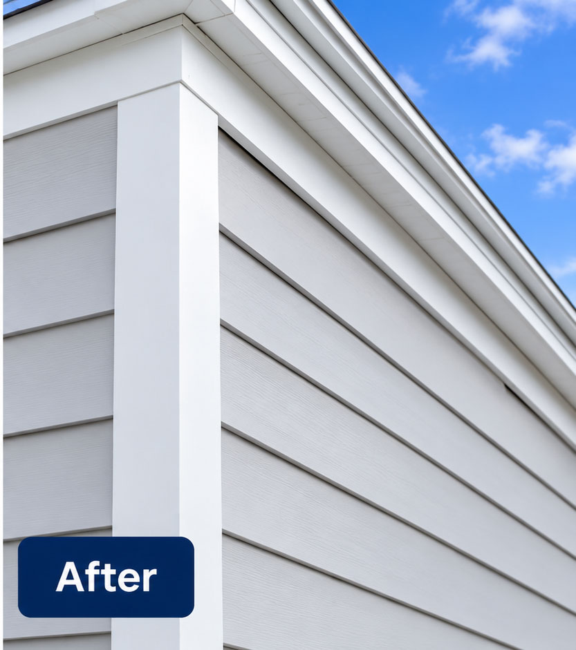 The same corner with new light-grey siding and crisp white trim
