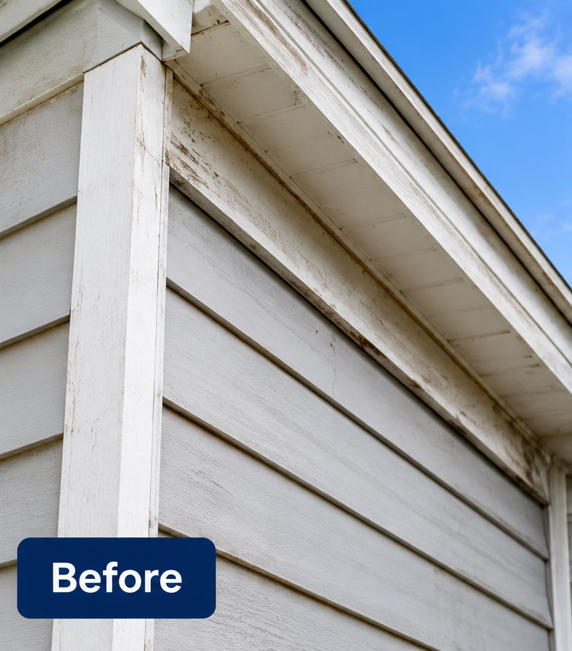 Weathered white siding and trim with peeling paint before replacement